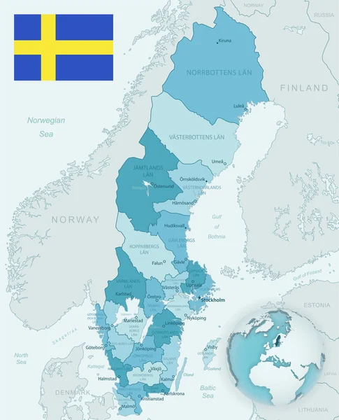 Mapa Detallado Azul Verde Las Divisiones Administrativas Suecia Con Bandera — Vector de stock