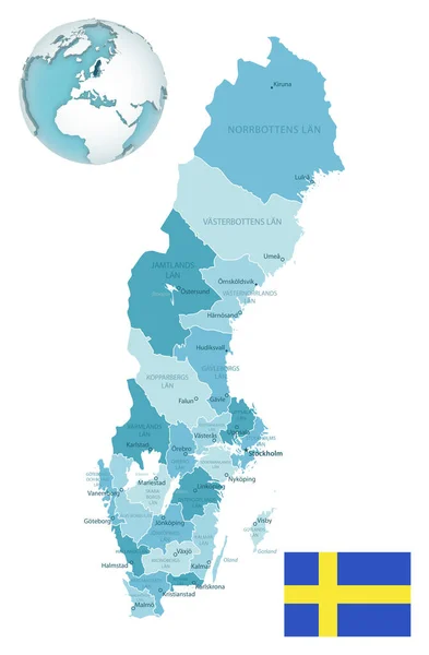 Švédsko Administrativní Modro Zelená Mapa Vlajkou Země Umístění Zeměkouli Vektorová — Stockový vektor