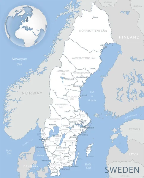 Blaugraue Detailkarte Der Schwedischen Verwaltungseinheiten Und Der Lage Auf Dem — Stockvektor