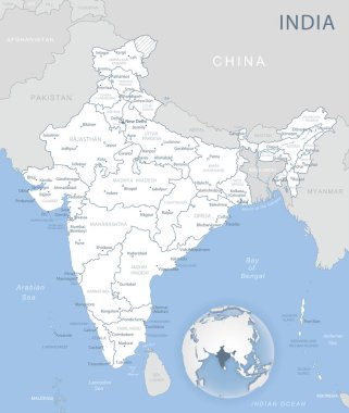 Hindistan 'ın idari bölümlerinin mavi-gri detaylı haritası ve dünya üzerindeki konumu.