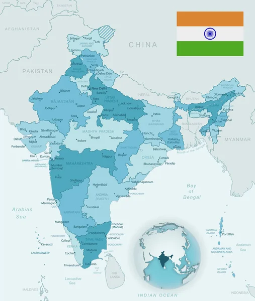 Mapa detallado azul-verde de las divisiones administrativas de la India con bandera del país y ubicación en el mundo . — Vector de stock