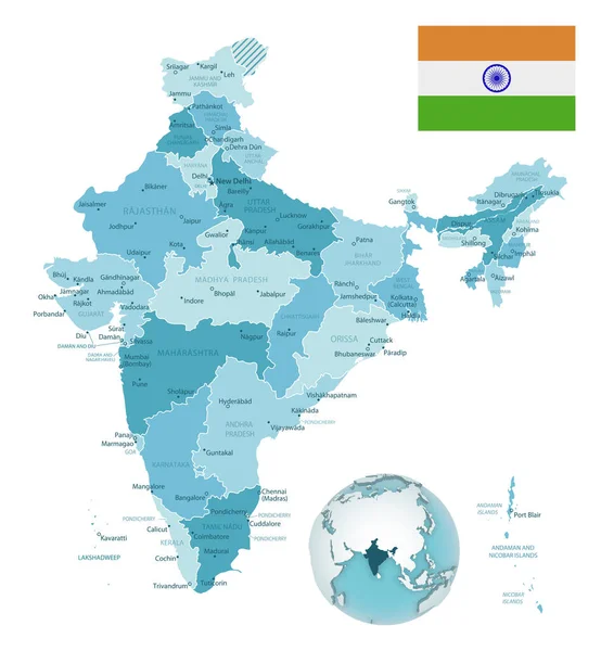 India mapa administrativo azul-verde con bandera del país y ubicación en un globo terráqueo . — Vector de stock