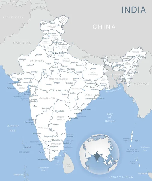 Mapa detallado azul-gris de las divisiones administrativas de la India y la ubicación en el mundo . — Vector de stock