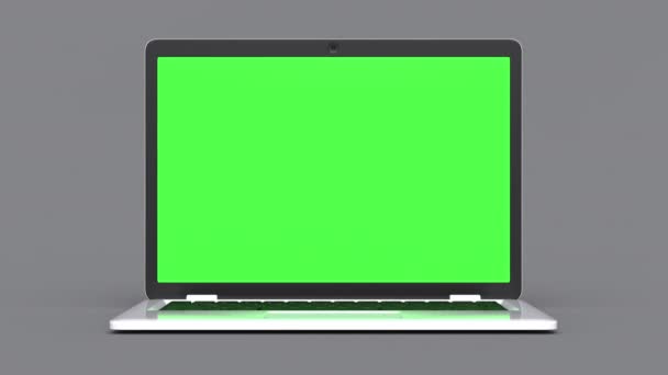 Portátil de apertura y cierre con pantalla verde sobre fondo gris. Animación 4K con canal alfa. Cambiar el fondo y la imagen en la pantalla del ordenador portátil . — Vídeos de Stock