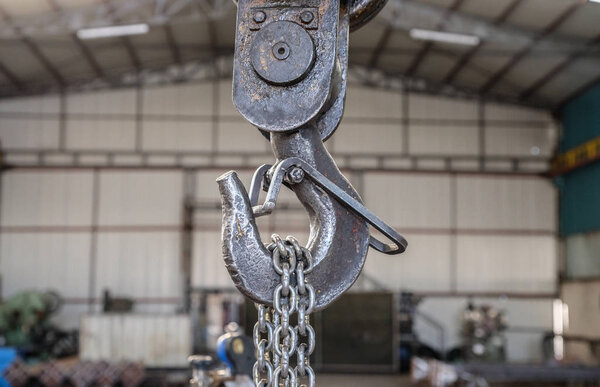 Industrial lifting crane hook and steel chain