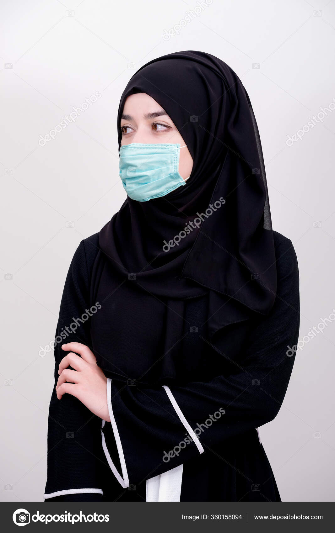 Muslim Girl Wearing Surgical Mask Protection Hijab Woman Take Mask