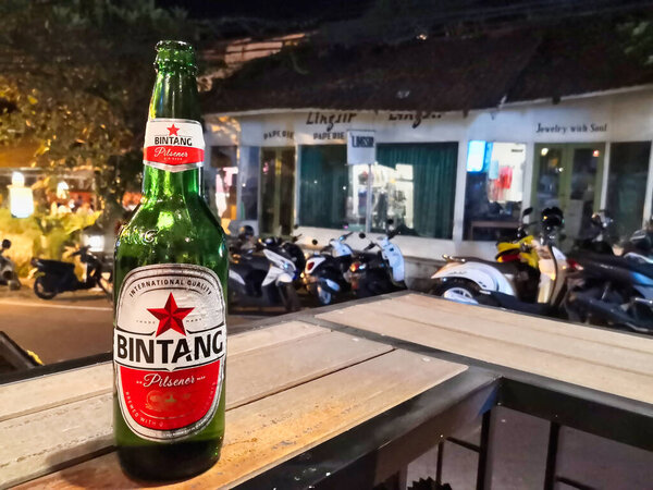 Ubud, Bali / Indonesia - February 2020: Bintang Beer on pub balcony, Bintang is traditional Indonesia beer.