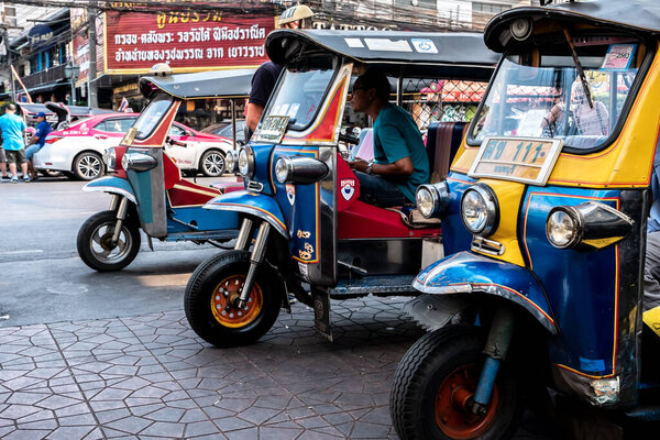 Downtown, Bangkok / Thailand - February 12, 2020: Name of this vehicle Tuk Tuk or Tuktuk, the vehicles have three wheels