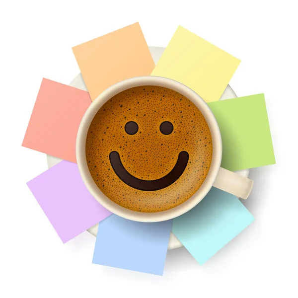Coffee cup with funny smiling face and colored paper sheets