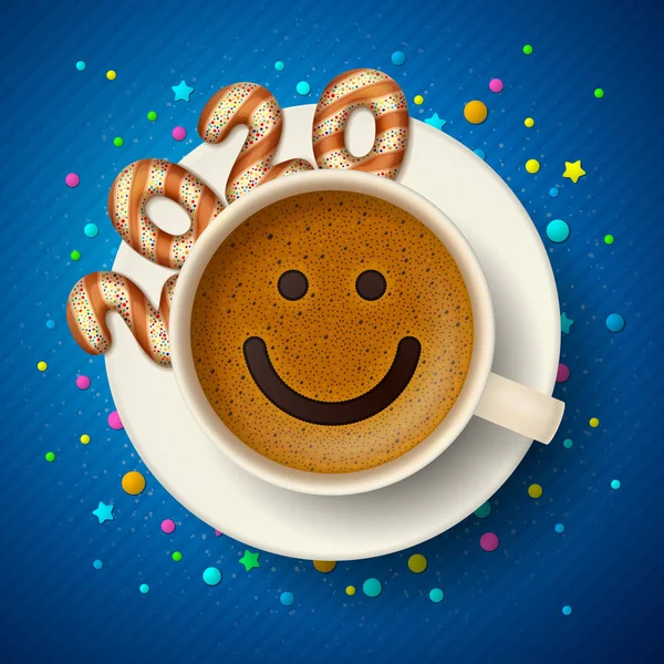 Coffee cup with smiling face and cookies. Happy New Year 2020