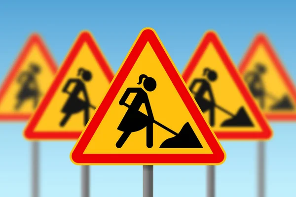 Road works traffic signs with stylized woman figure wearing dress, digging instead of male worker. Concept of woman emancipation, equal rights and equality at work