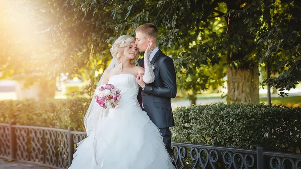 Damat gelini yeşil ağaçların arasında güneşin parlak ışınları öpüyor.