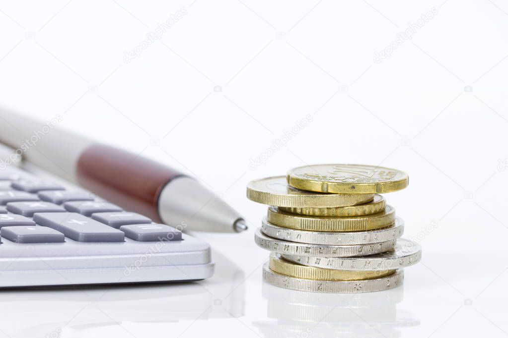 euro coins and calculator