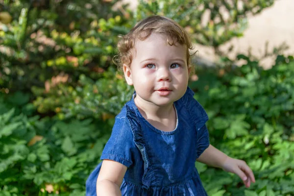 Όμορφο κοριτσάκι σε ένα μπλε φόρεμα denim με μπούκλες περπατά στο πάρκο. Παιδί ηλικίας 1 έτους με φόντο το φύλλωμα — Φωτογραφία Αρχείου