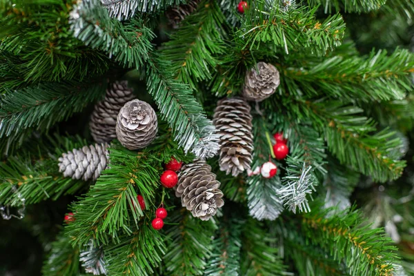 Albero di Natale artificiale con coni e bacche di agrifoglio rosso, sfondo festivo. Decorazione natalizia, albero ecologico con aghi artificiali — Foto Stock