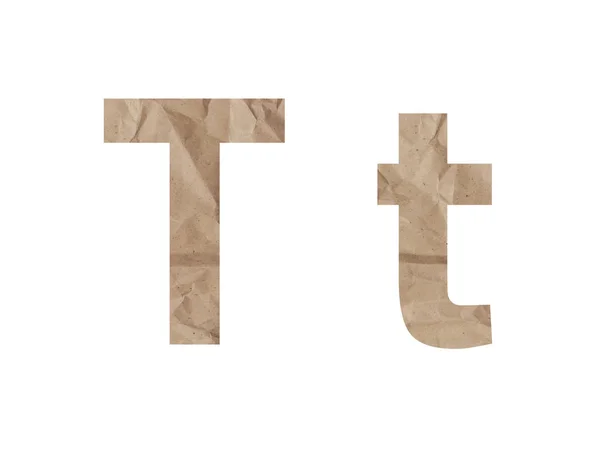 Letra T letra alfabeto letras aisladas en blanco. Moretones de papel de embalaje arrugado. Aislar la letra en papel latín inglés —  Fotos de Stock