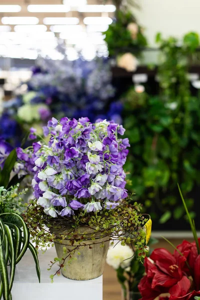 人造花卉，用于室内装饰。 一壶美丽的蓝色甜豌豆花束。 垂直花卉设计 — 图库照片