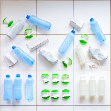 Ayrı çöp toplama, atık ayıklama. Ekoloji ve kirlilik sorunları. Yiyecek atıkları, geri dönüşüm plastik şişeleri, iğrenç çöp atıkları.