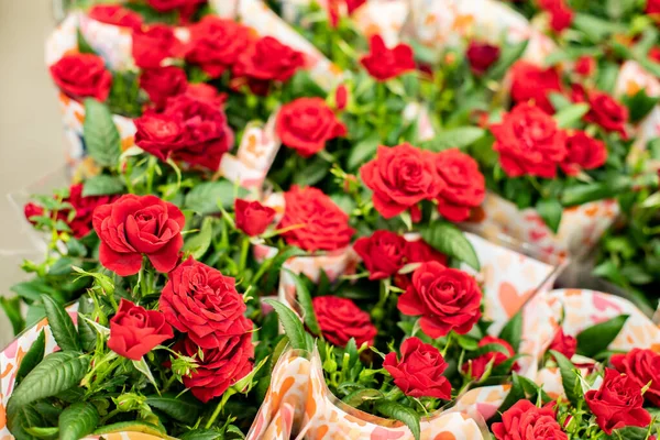 Red roses blossom in bouquets at the market. Small flowers of spray roses, fresh natural beautiful scarlet rose flower. Festive gift bouquet, bloom rose cultivation for sale