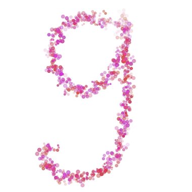 9 numaralı alfabe. Pembe daireler pembe noktalar. Harf baloncukları beyaza izole edilmiş harf yazı tipi şeklinde daireler çiziyor. Tasarım ve dekorasyon için güzel renk tipi numarası