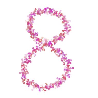 8 basamaklı alfabe. Pembe daireler pembe noktalar. Harf baloncukları beyaza izole edilmiş harf yazı tipi şeklinde daireler çiziyor. Tasarım ve dekorasyon için güzel renk tipi numarası