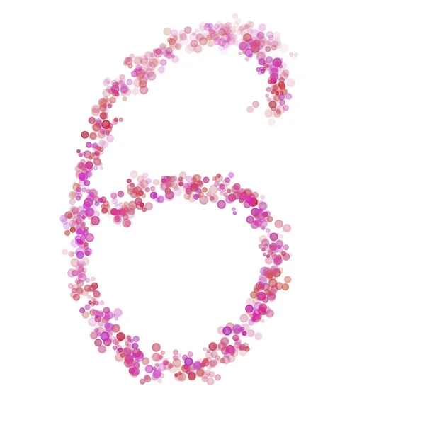6 numaralı alfabe. Pembe daireler pembe noktalar. Harf baloncukları beyaza izole edilmiş harf yazı tipi şeklinde daireler çiziyor. Tasarım ve dekorasyon için güzel renk tipi numarası