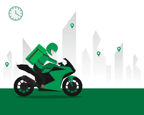 配達サービス 食料をつかむ 輸送命令だ食料をオンラインで迅速な配達の概念 オートバイの配達だオートバイ — ストックベクタ