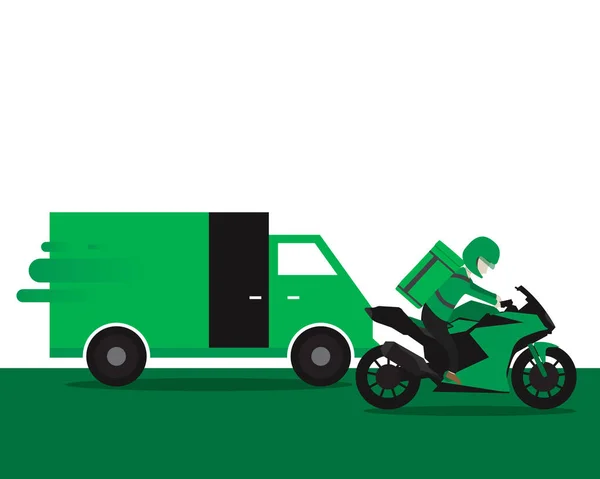 Teslimat Servisi Yiyecek Alın Minibüs Motosiklet Paketi Hızlı Teslimatçı Yemek — Stok Vektör