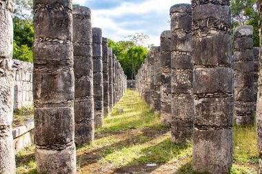 Meksika 'da güneşli bir gün, Maya Antik Harabeleri, piramitler, sütunlar, taş tarlaları ve diğer kutsal Maya mekanları
