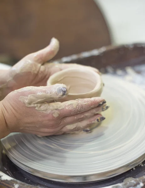 Girls Hands Working Clay Potter Wheel Close Making Mug — Stock Photo, Image