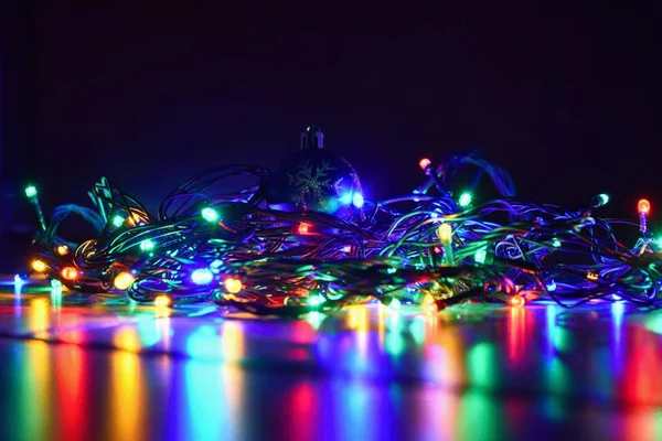 Christmas Blurred Lights Black Background Copy Space Abstract Colorful Reflections — Stock Photo, Image