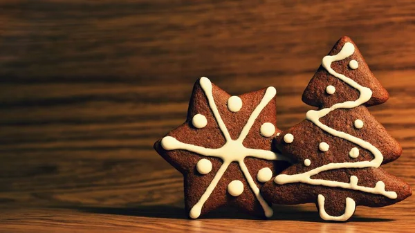 Julgran och snöflinga. Vackra söta julgodis. Handmålat, Hemmagjord pepparkakor. — Stockfoto