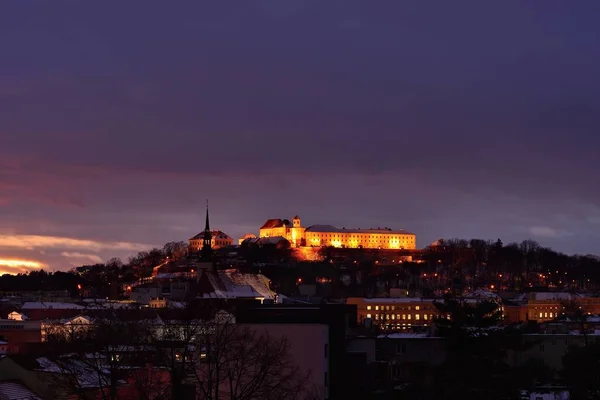 Špilberki Várra Télen Hólánc Brno South Moravia Csehország Éjszakai Kép — Stock Fotó