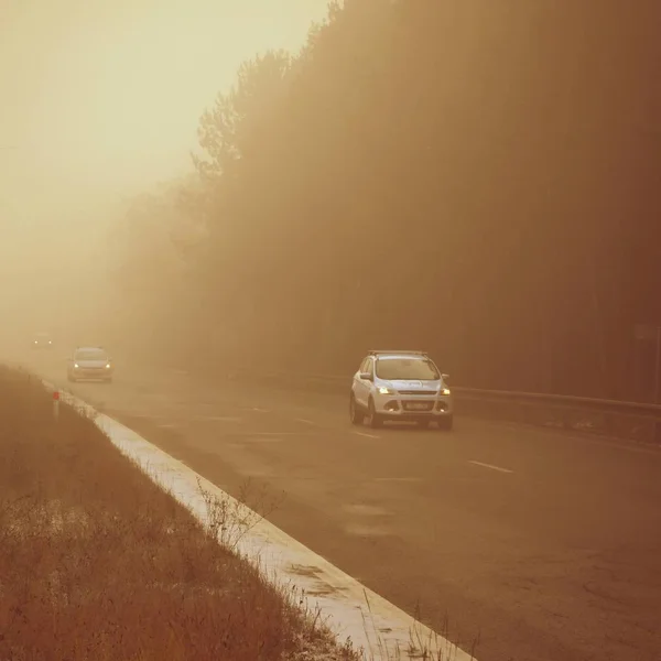 Машины в тумане. Плохая зимняя погода и опасное автомобильное движение на дороге. Транспортные средства в тумане . — стоковое фото