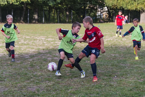 Chicos jugar al fútbol en el campo de deportes —  Fotos de Stock