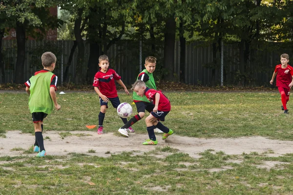 Chicos jugar al fútbol en el campo de deportes —  Fotos de Stock