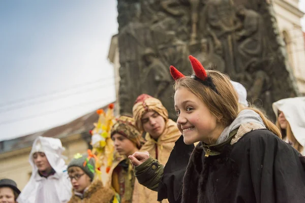 Unknown young actor in role devil plays for the citizens in a Ch — Stock Photo, Image