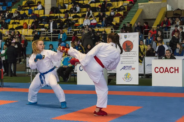 Desconocido jugador de karate junior preparándose para atacar en tiempo de duelo —  Fotos de Stock