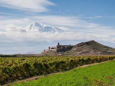 Ararat Dağı 'nın arka planında antik manastır