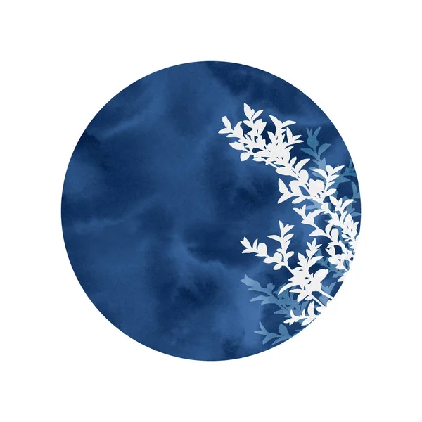 手描きの植物イラスト カード 招待状 バナー ウェブサイト ポスターの創造的なデザインのための装飾的な画像 美しい作品 白い木 青い背景 丸画像 — ストック写真