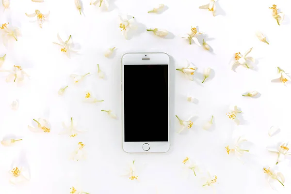 Merkezinde akıllı telefon olan çiçek deseni. Beyaz badem çiçekleri, sarı merkezli, beyaz arka planlı, cep telefonlu. Düz yatış, üst görünüm. 