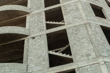 Mavi gökyüzünün arka planında yapım aşamasındaki çok katlı bir bina ve vinç.