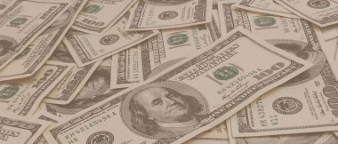 Dokuma Amerikan doları manzarası. Yüz dolarlık banknotların arka planı.