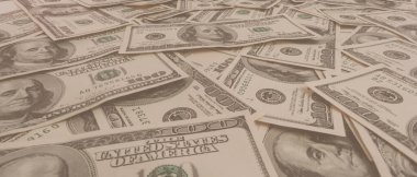 Dokuma Amerikan doları manzarası. Yüz dolarlık banknotların arka planı.