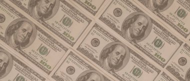 Dokuma Amerikan doları manzarası. Yüz dolarlık banknotların arka planı.