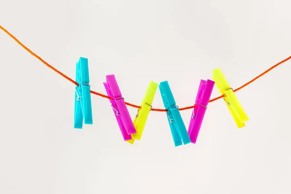 Colorful Clothespins Rope Isolated White Background — Stock Photo, Image