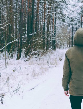 Genç adam kış ormanında