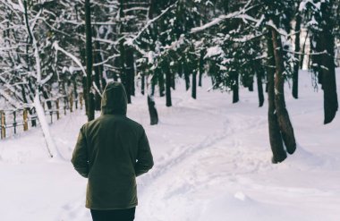 Genç adam kış ormanında