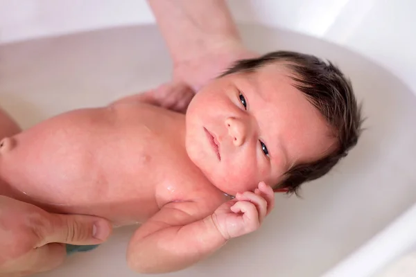 Little Newborn Baby Girl Having First Bath Hands Her Dad — Stock Photo, Image