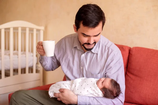 Smiling Father Holding Baby Daughter One Arm Mug Coffee Tea — Stock Photo, Image
